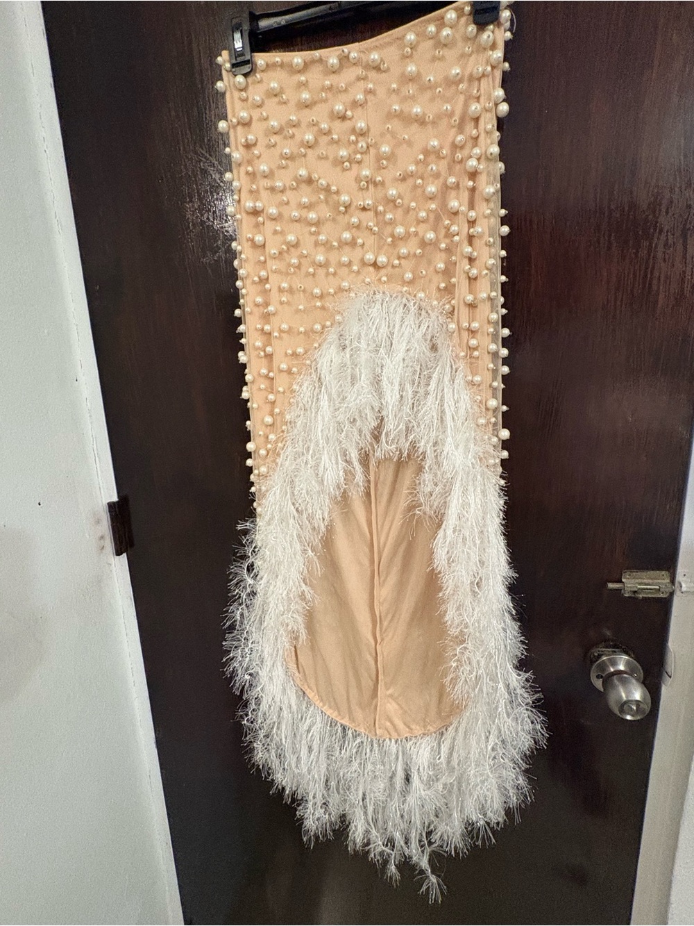 NWT ASOS Peach Pearl-Embellished High-Low Skirt with Feather Trim. Size 2.